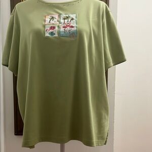 Alfred DunnerGreen T-Shirt with Floral Embroidery size 2X